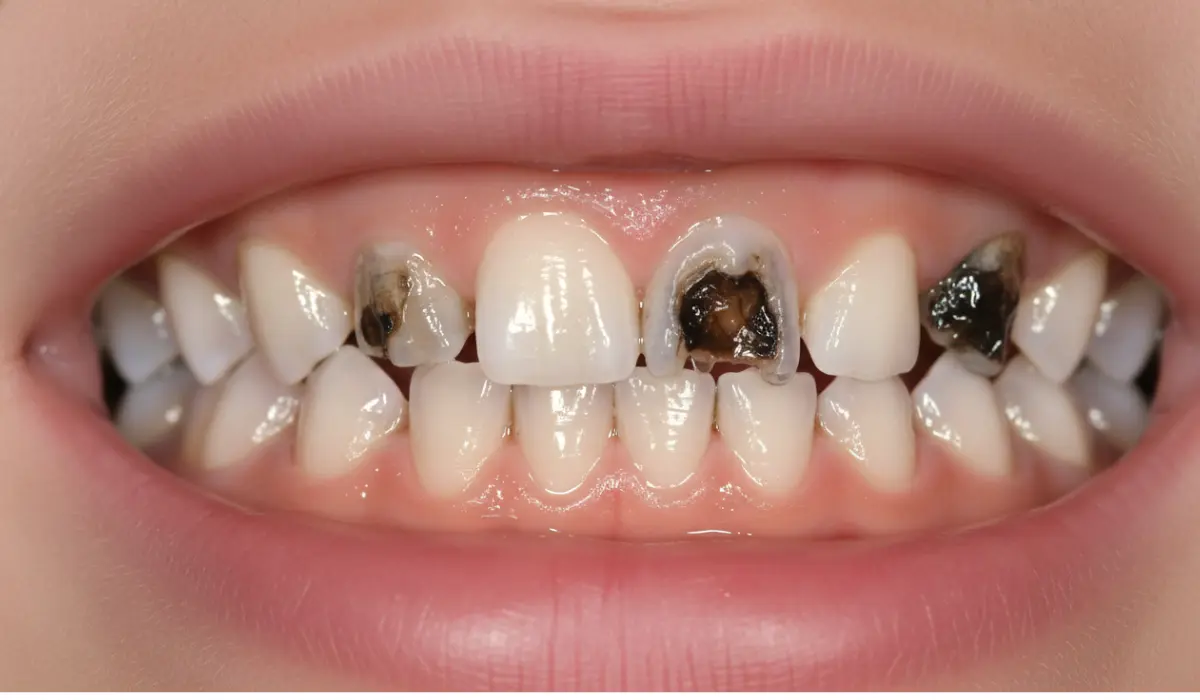 Front teeth with dark cavities and decay, a common sign of Baby Bottle Tooth Decay in infants and toddlers