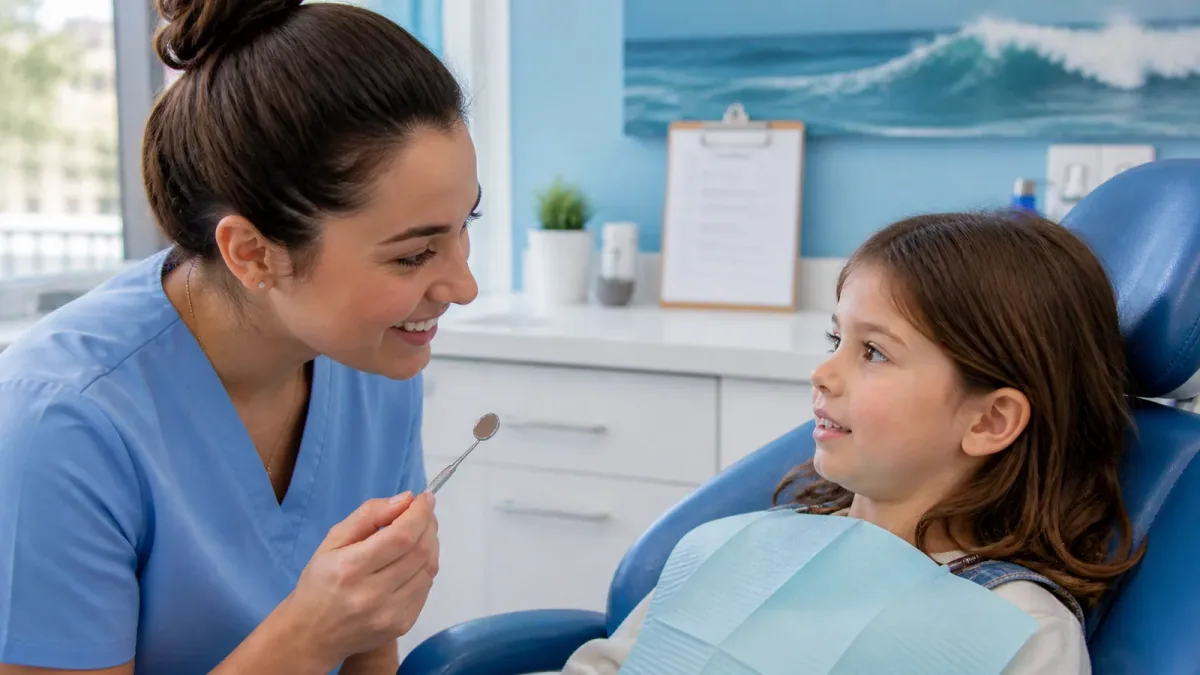 Pediatric dentist showing a young child a dental mirror in a modern Brooklyn dental office, Bite Squad Dental of NYC