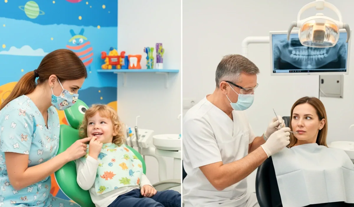 Comparison of a pediatric vs regular dentist: a friendly female dentist with a child in a themed room versus a male general dentist treating an adult in a modern clinic.