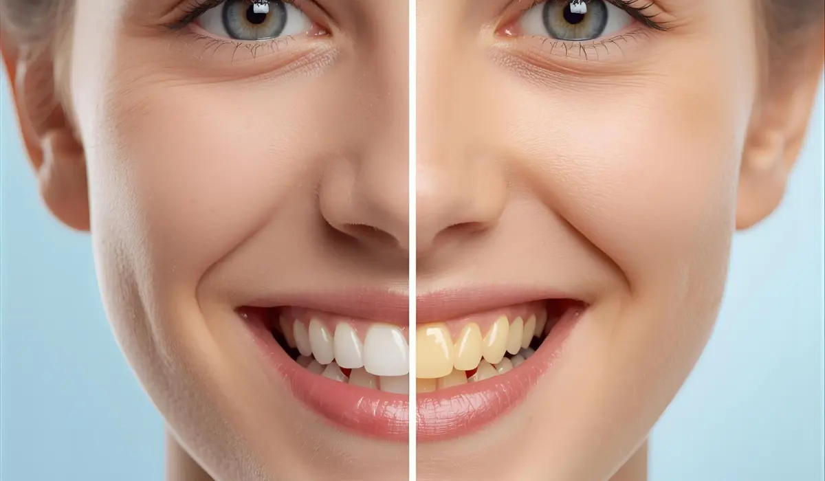 Teenager smiling and pointing at their teeth, discussing teen tooth discoloration with Bite Squad Dental of NYC