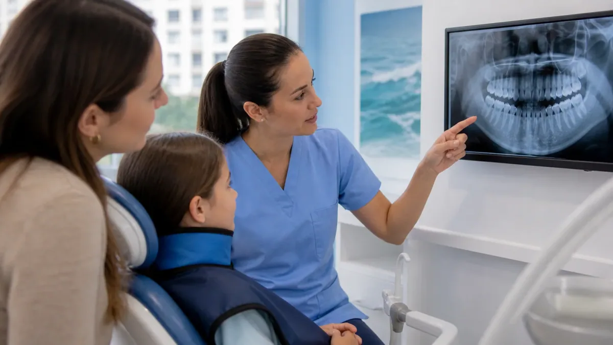 Pediatric dentist showing a parent and child a digital dental panoramic X-ray on a wall monitor with lead apron in a Brooklyn dental office