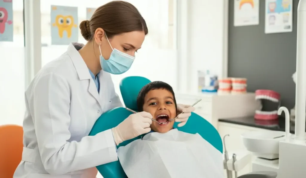 A female dentist performing a gentle exam on a child, providing a guide on when to take my baby to the dentist