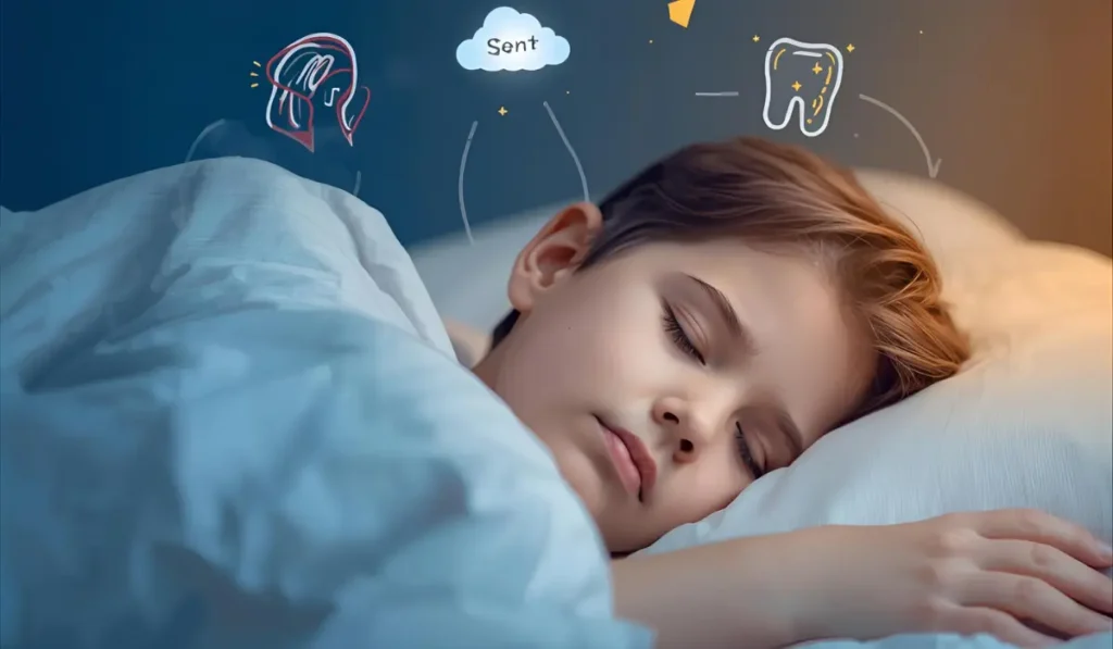 Child peacefully sleeping in bed with symbolic dental icons above, visually representing the topic Why Is My Child Grinding Their Teeth at Night.