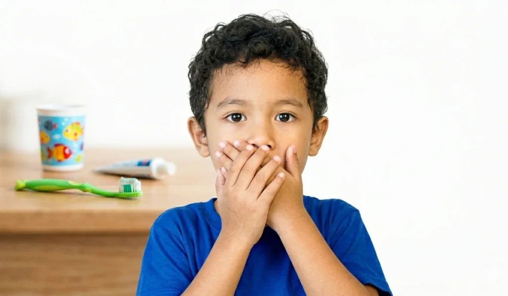 Young boy in a blue t-shirt covering his mouth with his hands, illustrating the question: Why Does My Child's Breath Smell Bad Even After Brushing?