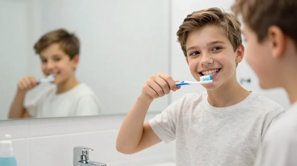 Teenager brushing teeth with fluoride toothpaste in front of bathroom mirror - safe dental care for teens at Bite Squad Dental NYC
