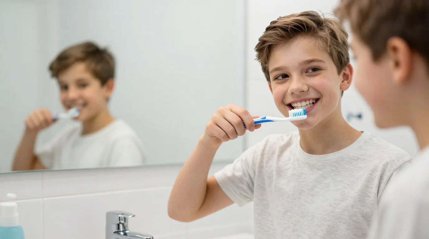 Teenager brushing teeth with fluoride toothpaste in front of bathroom mirror - safe dental care for teens at Bite Squad Dental NYC