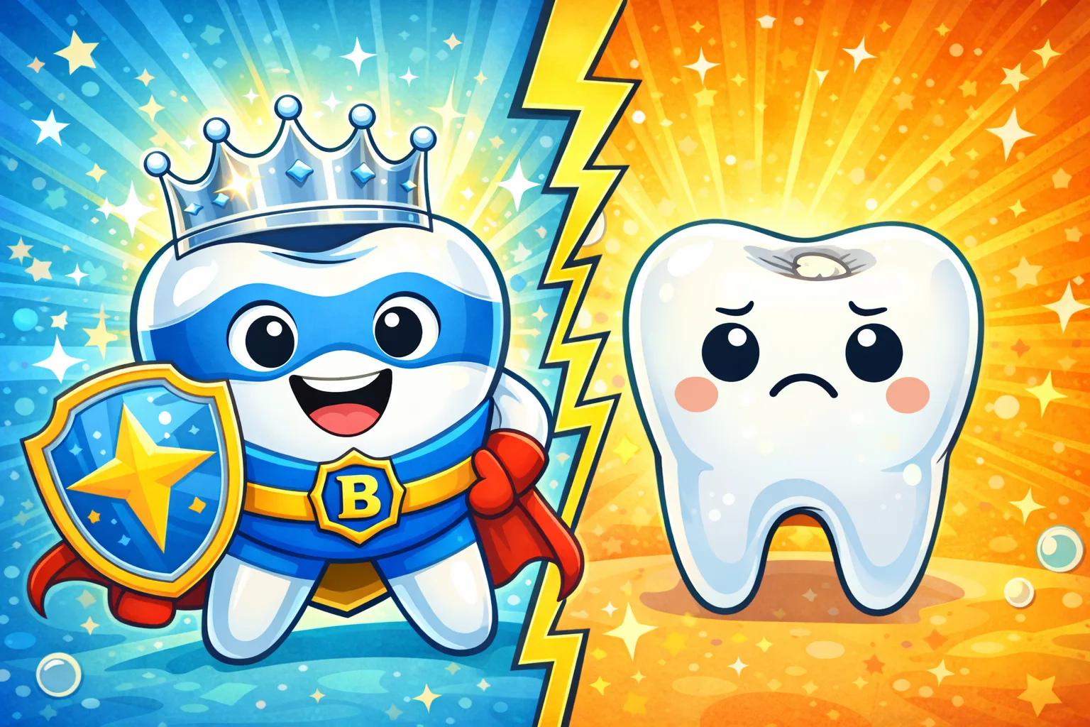 Superhero tooth with crown and shield versus a sad tooth with cavity - stainless steel crown vs white filling comparison