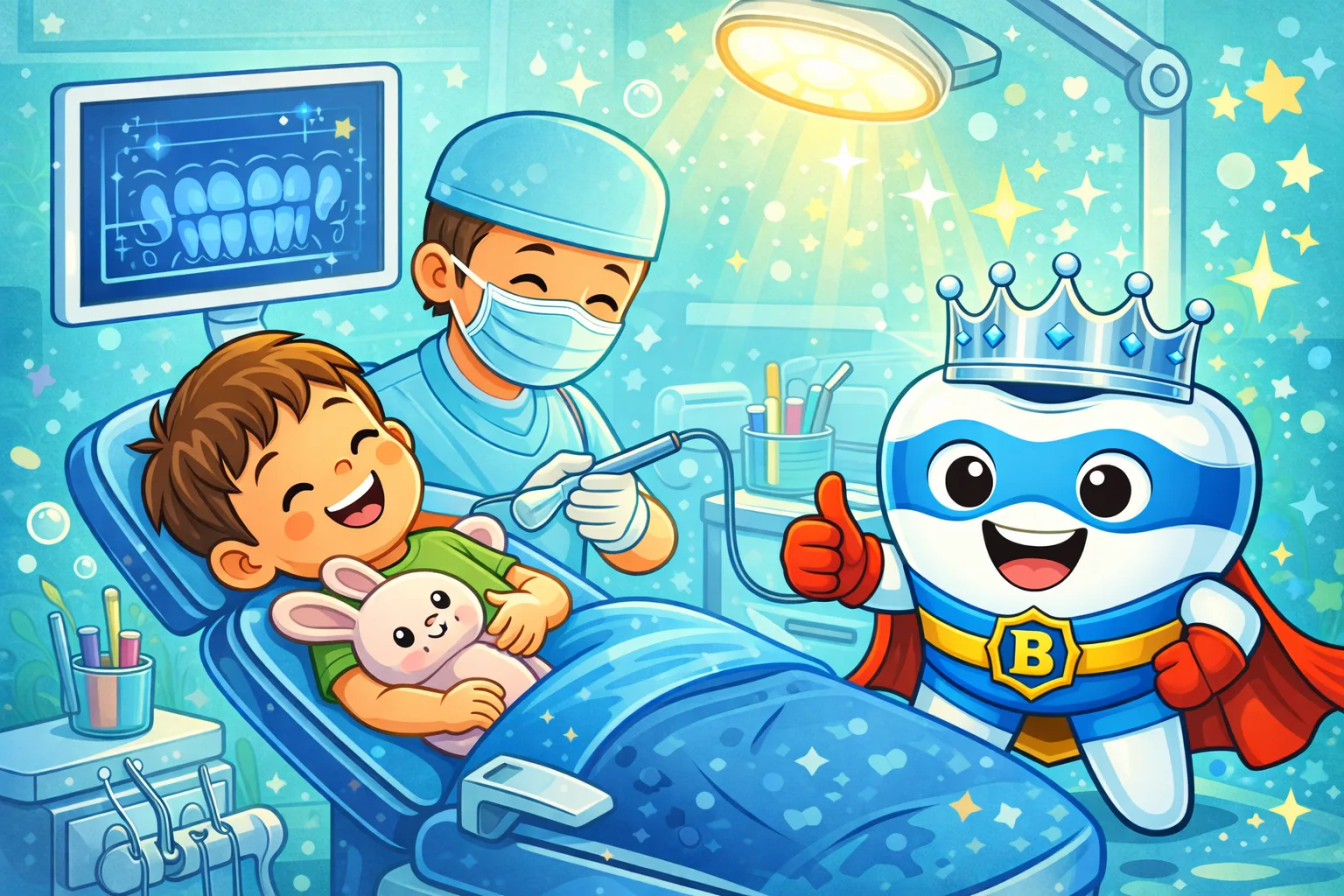 Happy child at pediatric dentist with cartoon superhero tooth giving thumbs up - comfortable dental visit for kids in Brooklyn