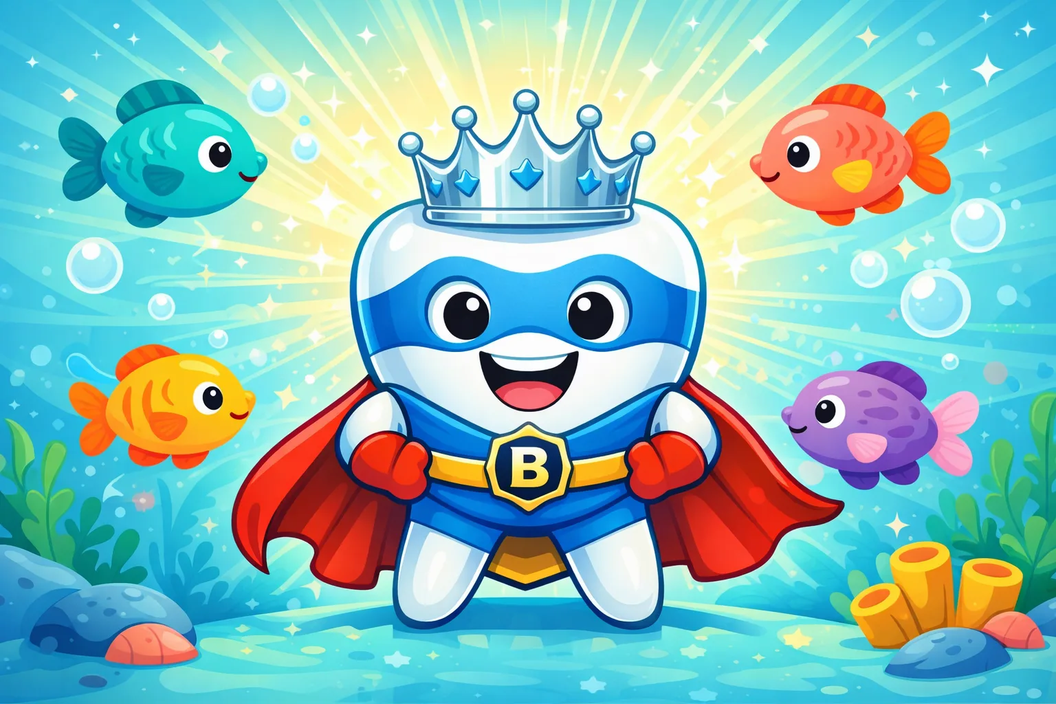 Cartoon superhero tooth with crown surrounded by colorful fish - Bite Squad Dental of NYC pediatric stainless steel crowns