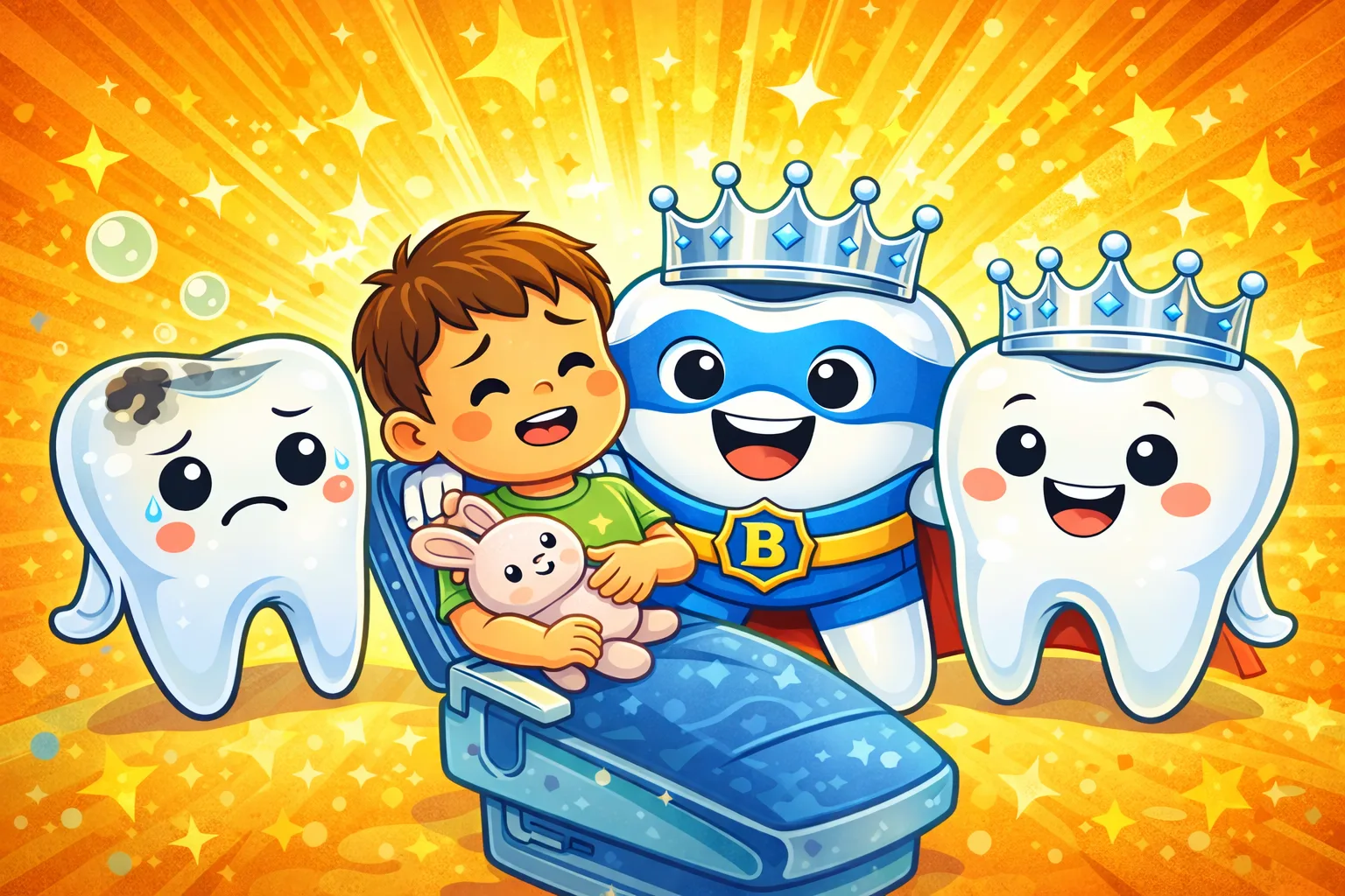 Child in dental chair with superhero tooth characters showing before and after crown treatment - when to bring your child for a dental crown