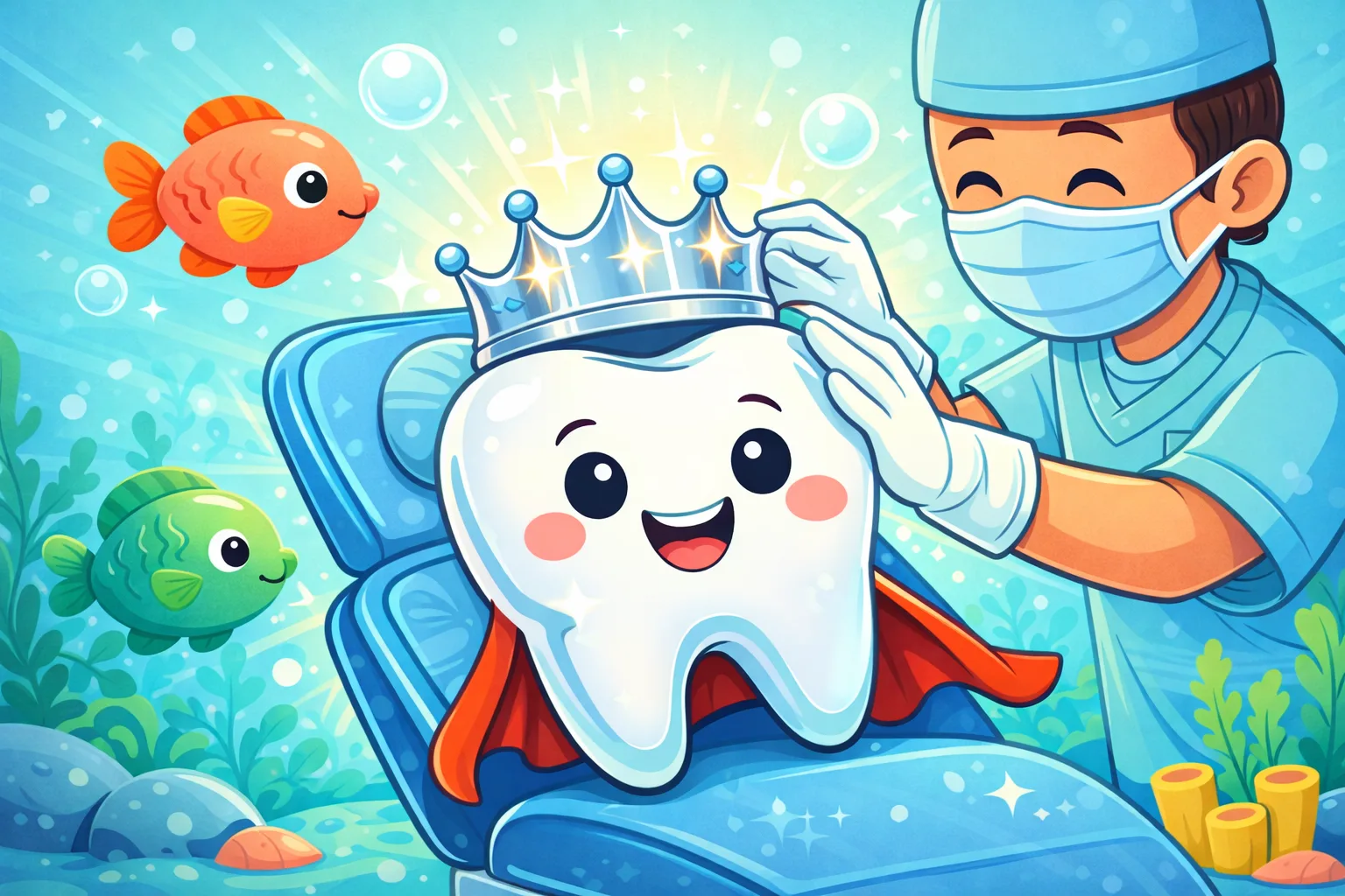 Cartoon dentist placing a shiny silver crown on a happy baby tooth with friendly fish - stainless steel crown procedure for kids