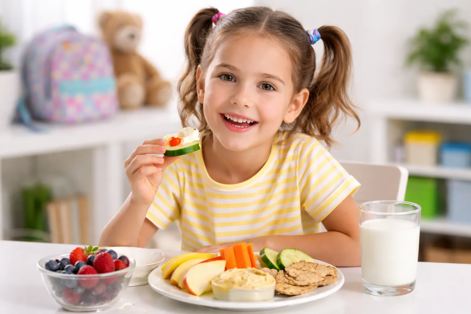 Smiling child eating a healthy light snack with fruits and vegetables before a dental appointment