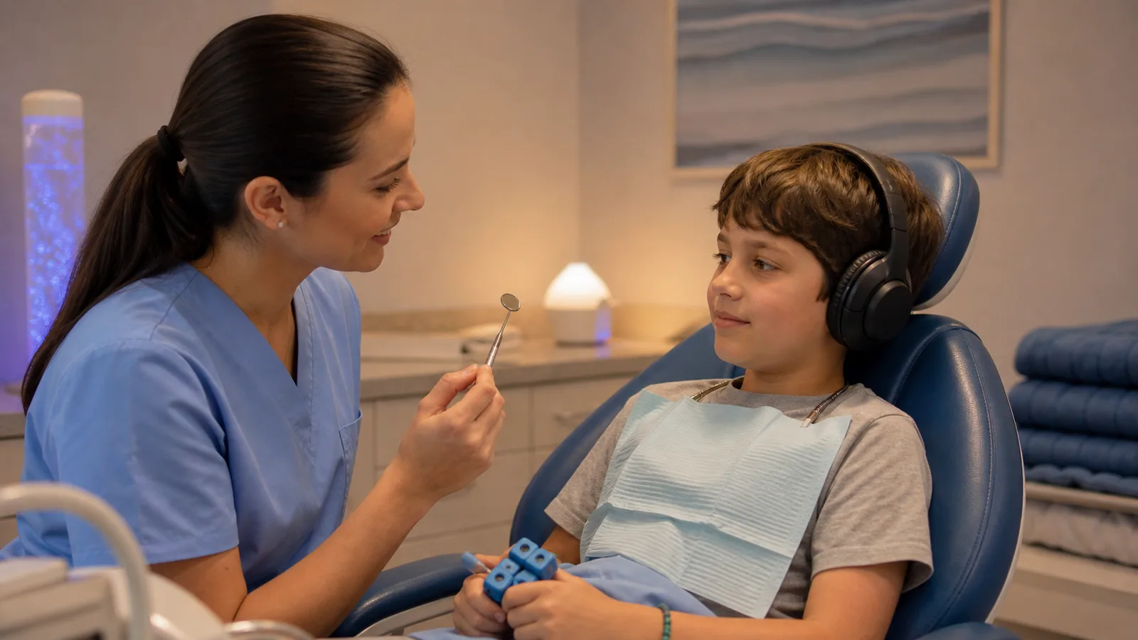 Special-needs pediatric dentist with a child wearing noise-cancelling headphones in a sensory-friendly Brooklyn dental office